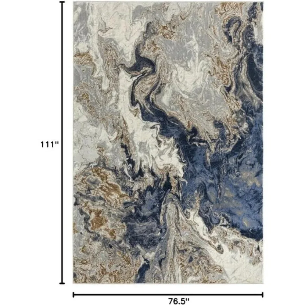New 6x9 Blue Marble Area Rug, Modern Abstract Swirl Design, Non-Shedding Carpet